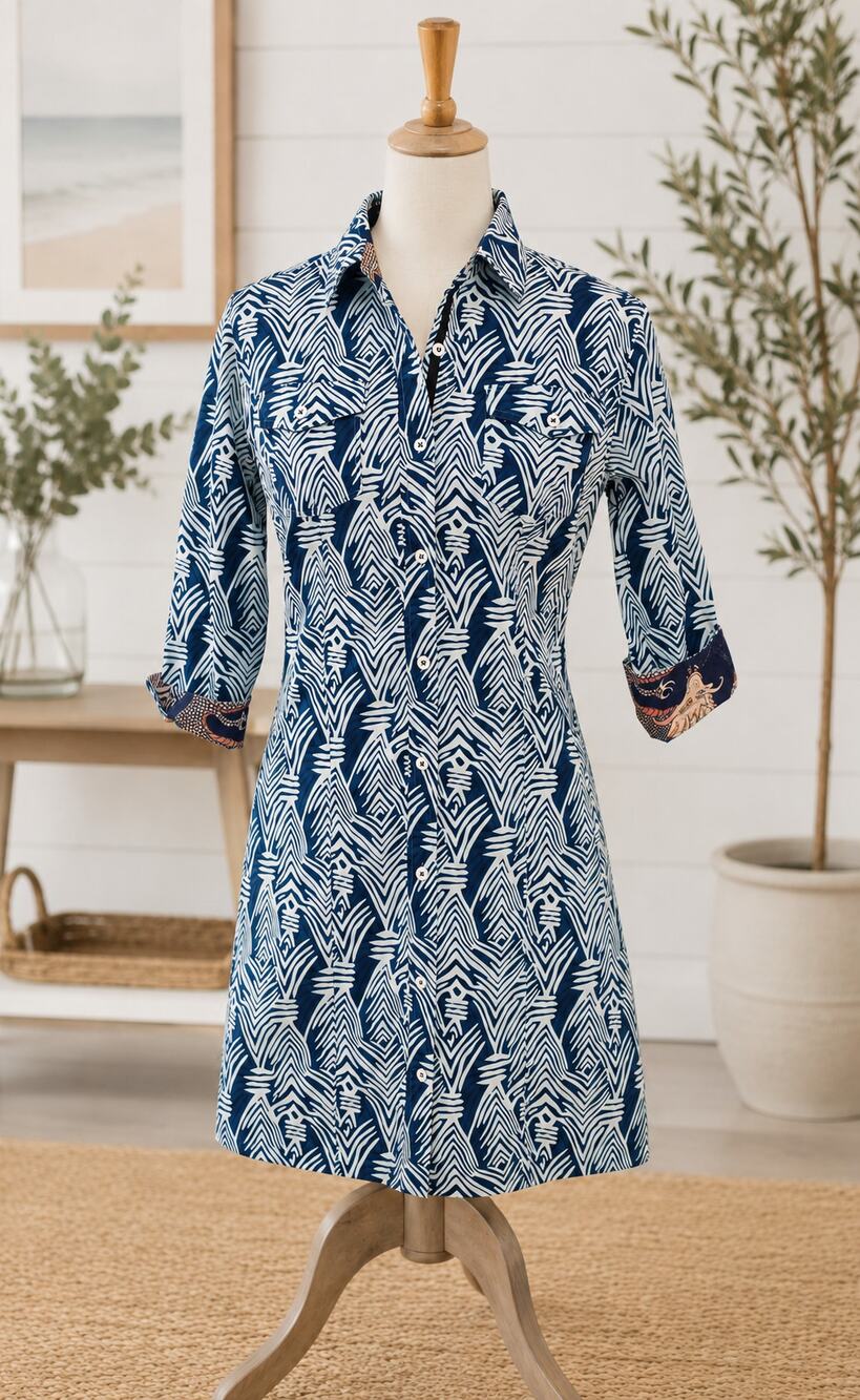 Sag Harbor Aqua & Navy Tribal Print Dizzy Lizzy Dress, Size Small